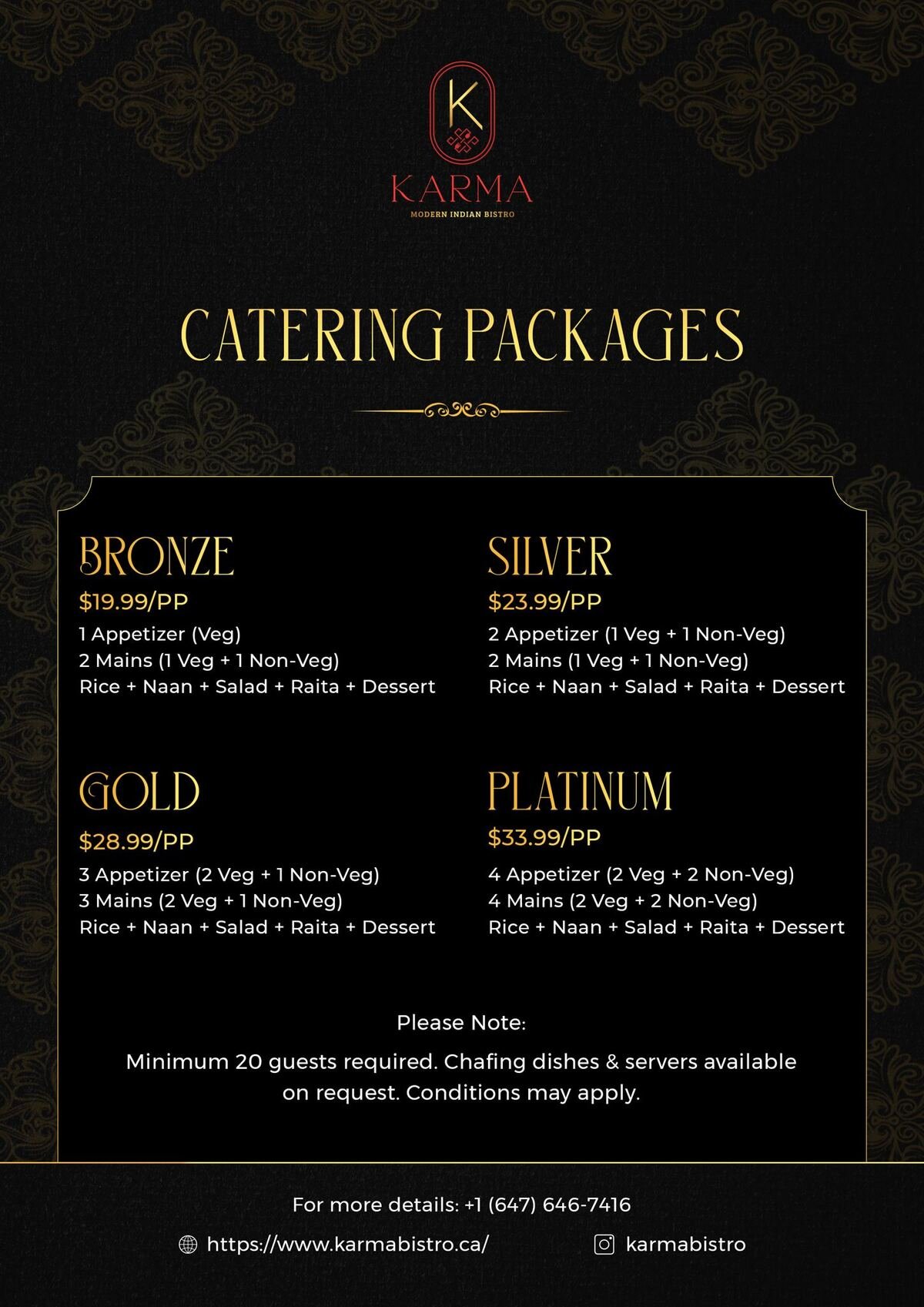 Karma catering packages card listing Bronze, Silver, Gold and Platinum tiers